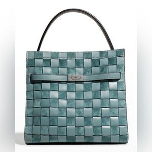 Tory Burch Lee Radziwill Blue Woven Leather Basket Weave Bag Satchel